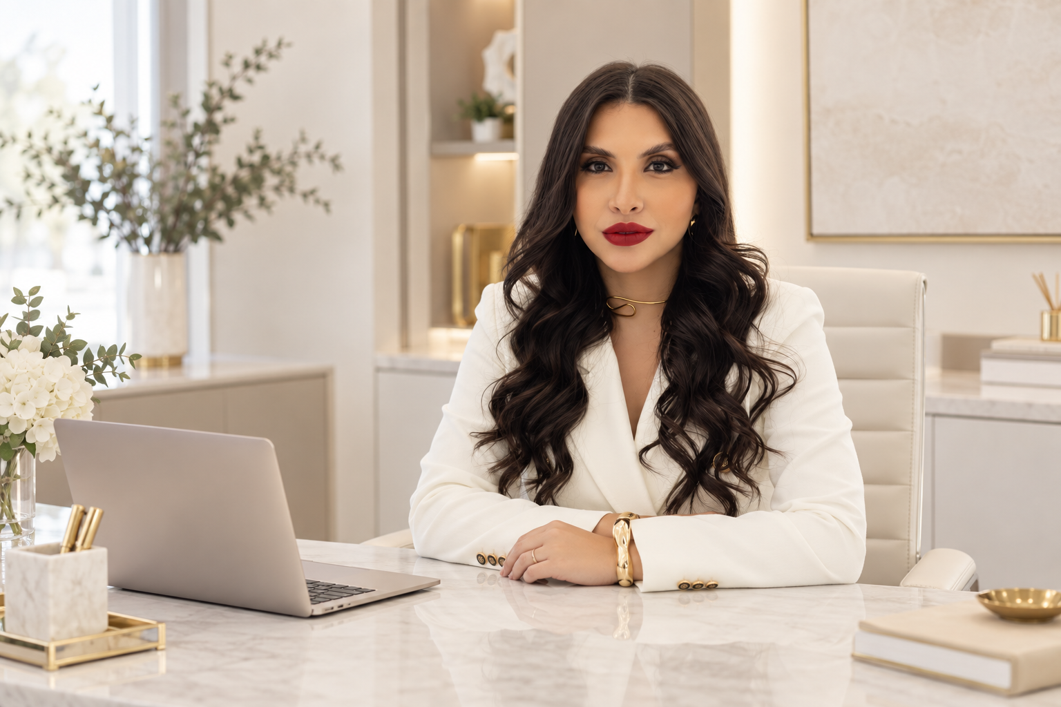 Cena ilustrativa de Yanca sentada à mesa, de frente, pronta para receber você